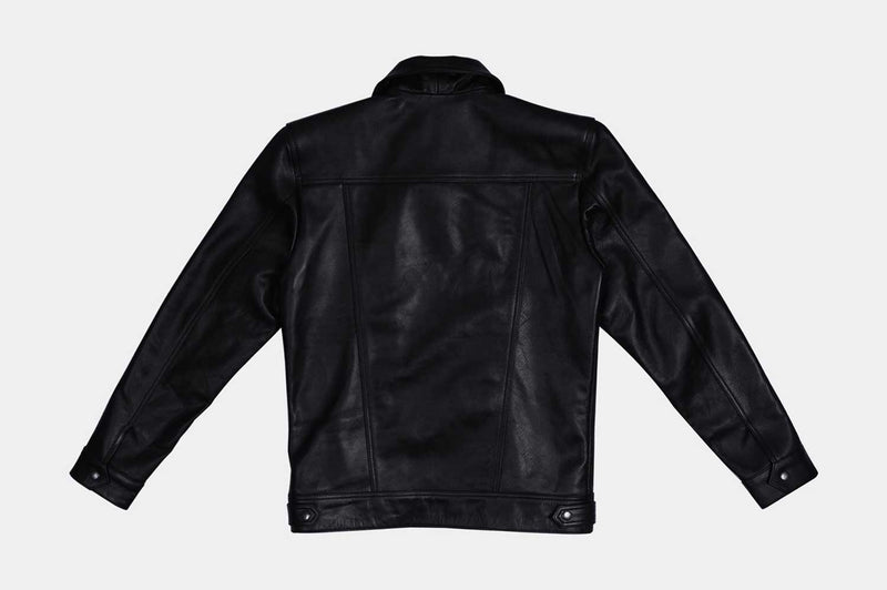 Men Black Leather Biker Jacket Flat Lay Backside