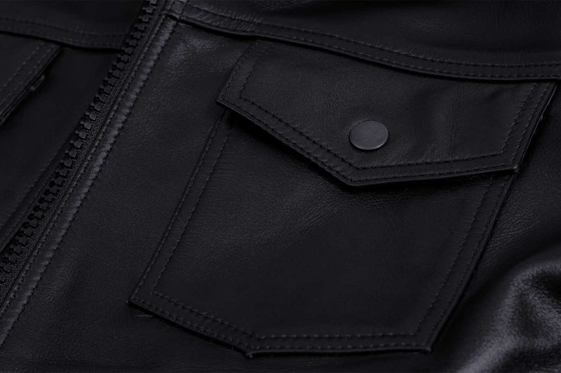 Men Black Leather Biker Jacket with Chest Pocket