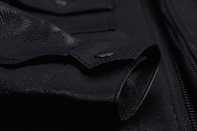 Men Black Leather Biker Jacket with Button Sleeve