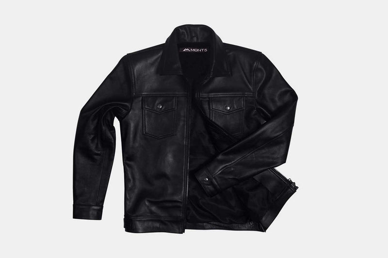 Men Black Leather Biker Jacket Flat Lay