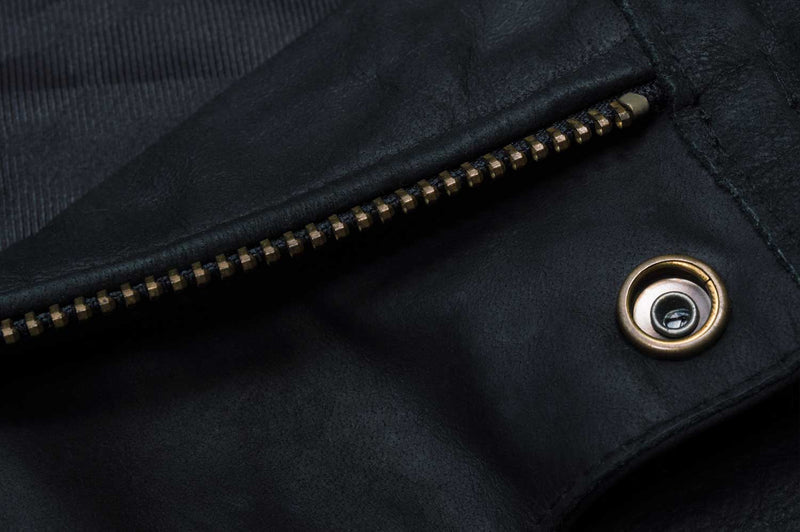 Black Leather Motorcycle Jacket with Gold Buttons