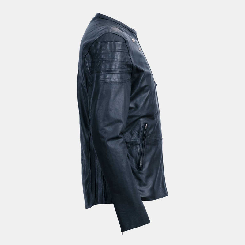Men's Black Leather Collarless Jacket