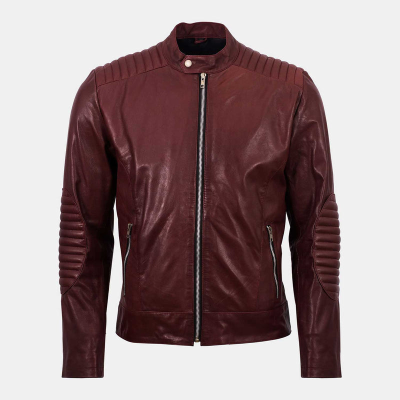 Men Burgundy Leather Biker Jacket
